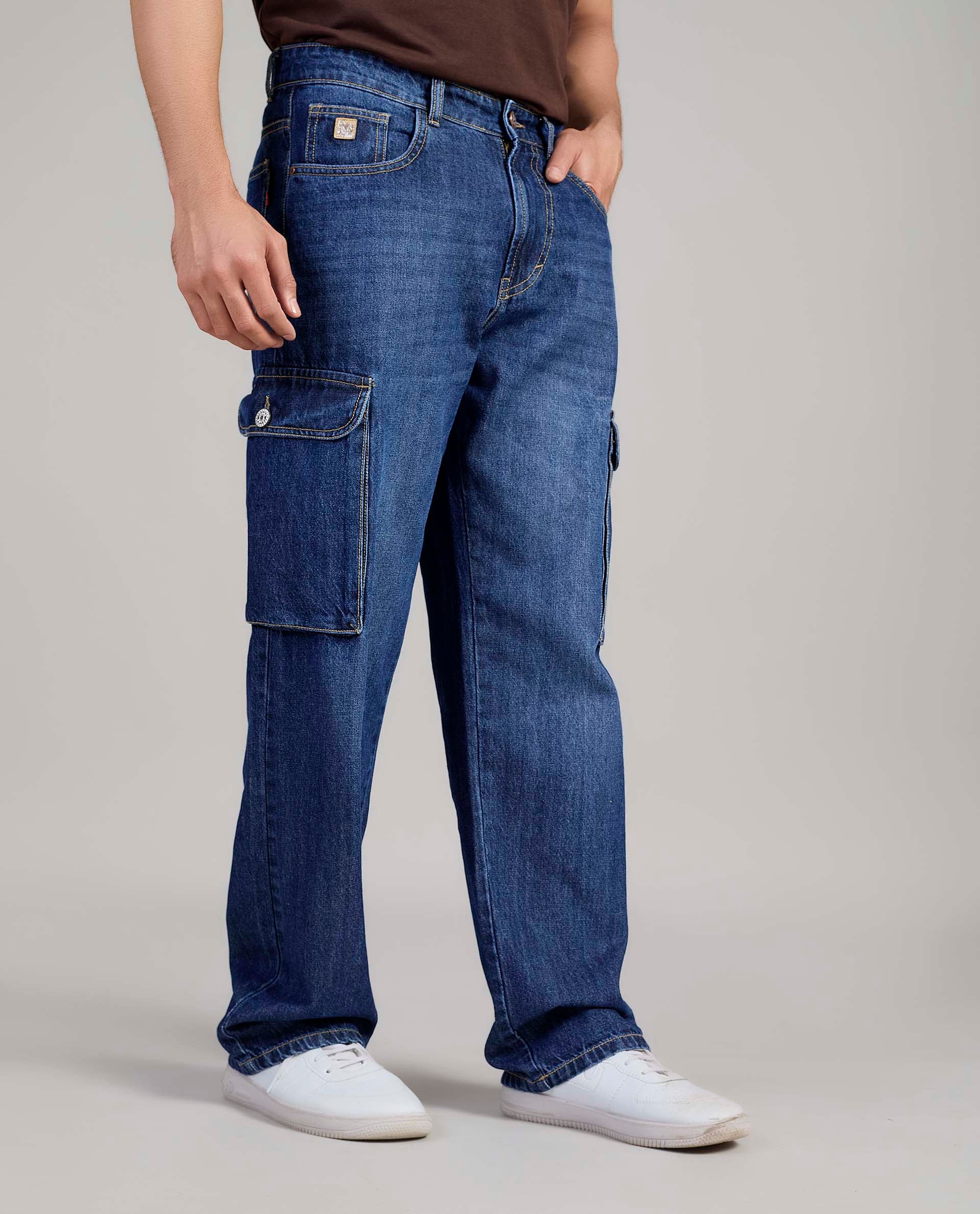 Loose Fit Denim Cargo Jeans – Medium Blue