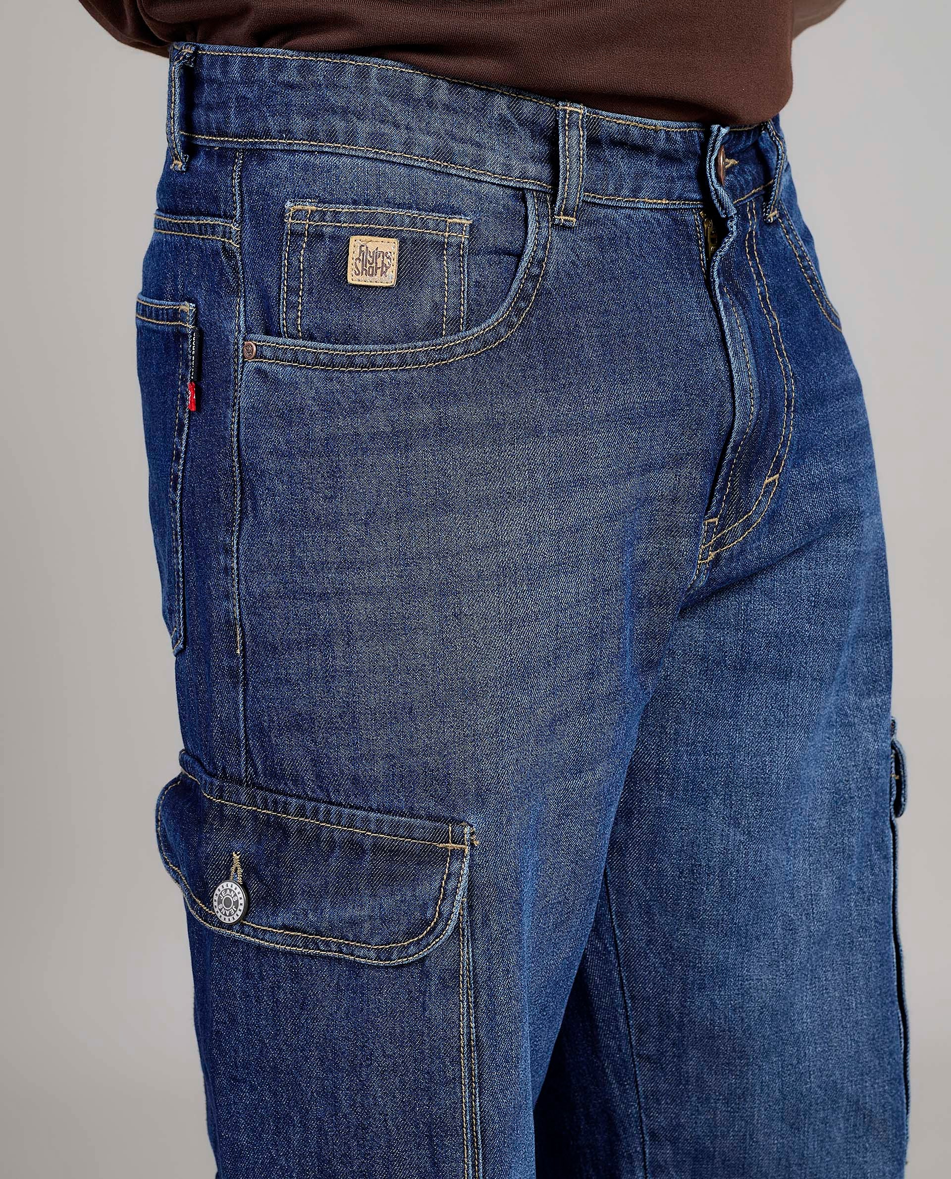 FS 054 Flying Shark Loose Fit Denim Cargo Jeans – Medium Blue