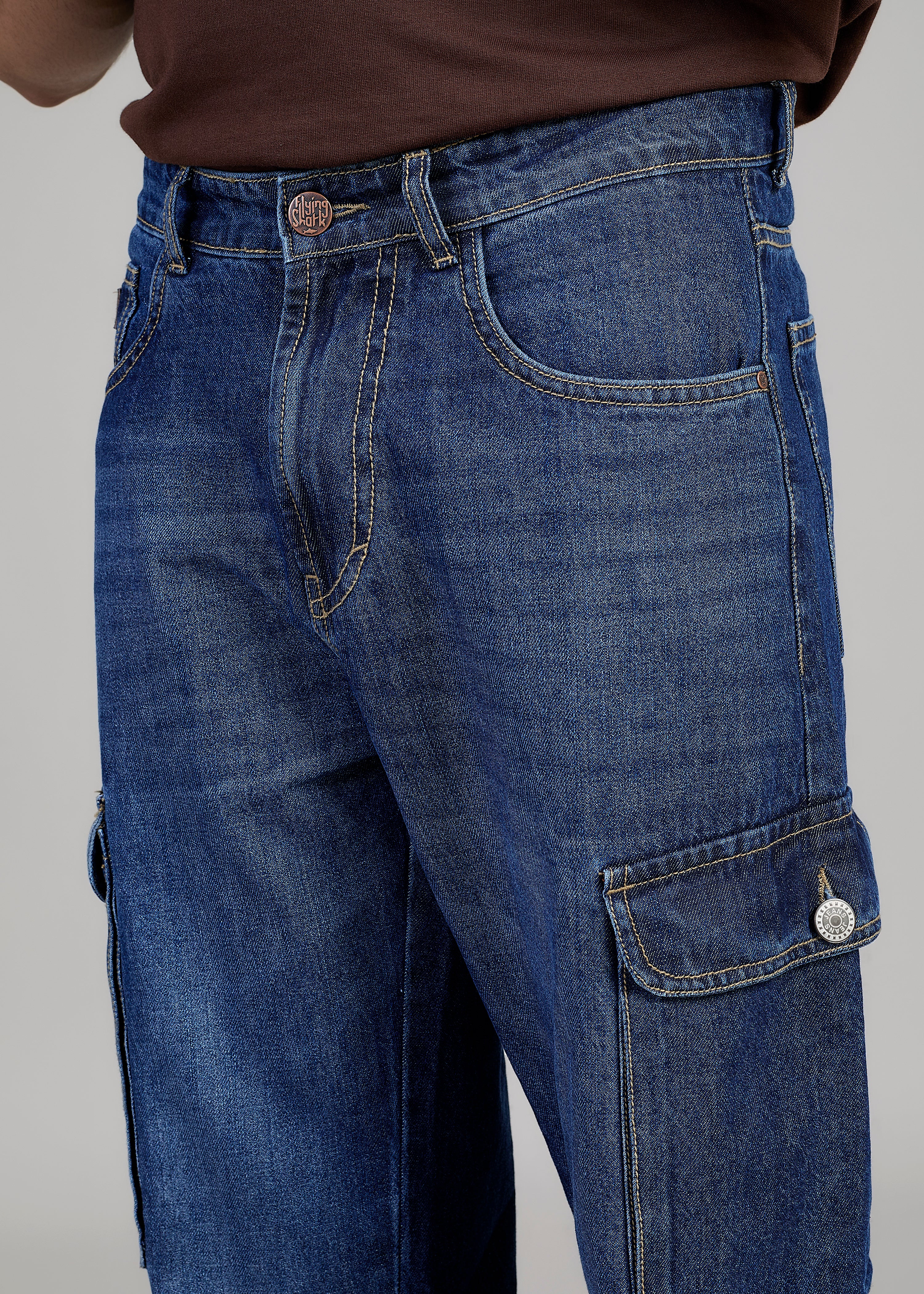 Flying Shark Loose Fit Denim Cargo Jeans – Medium Blue