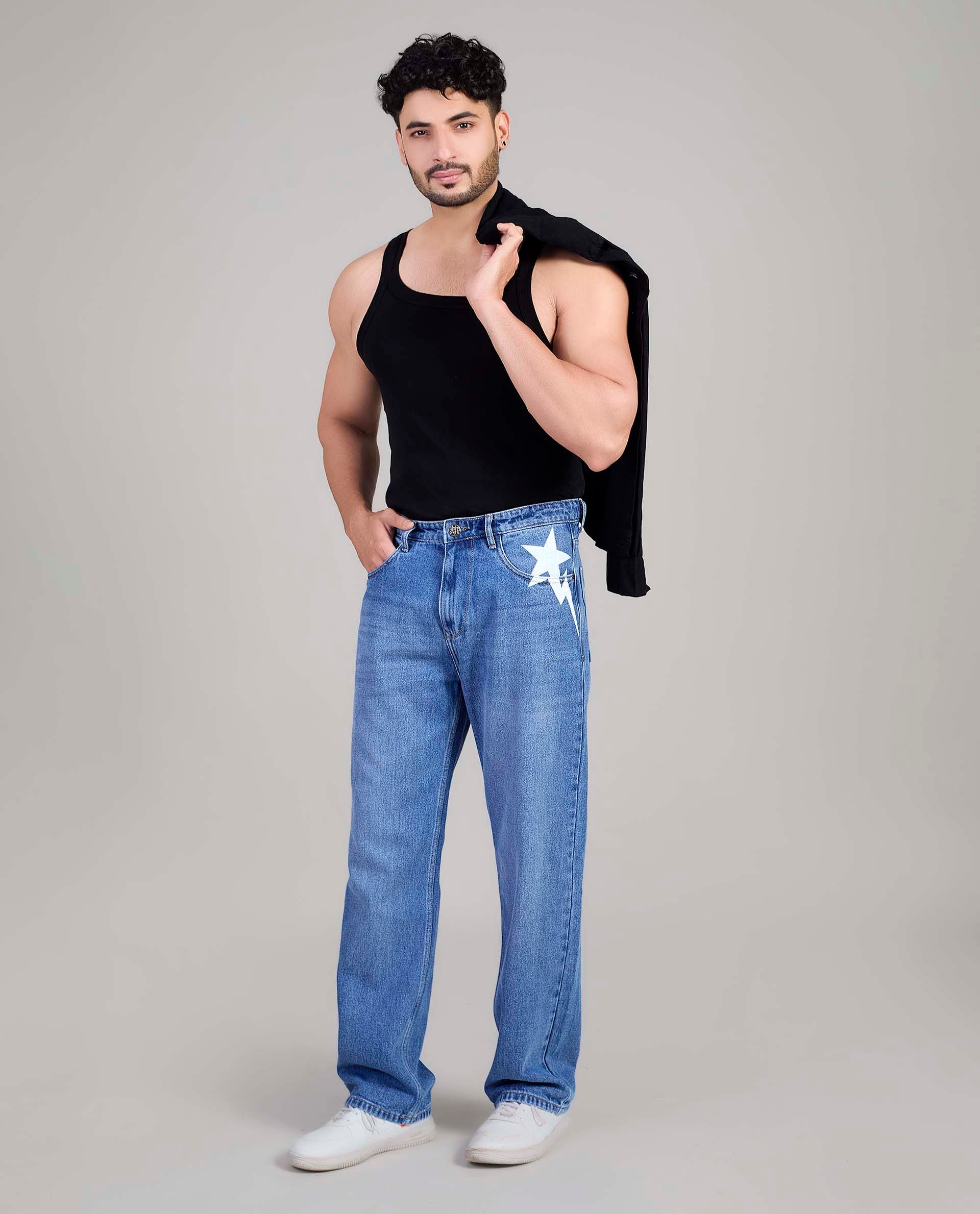 FS 111 Flying Shark Loose Fit Jeans with Star Print & Lightning Detail