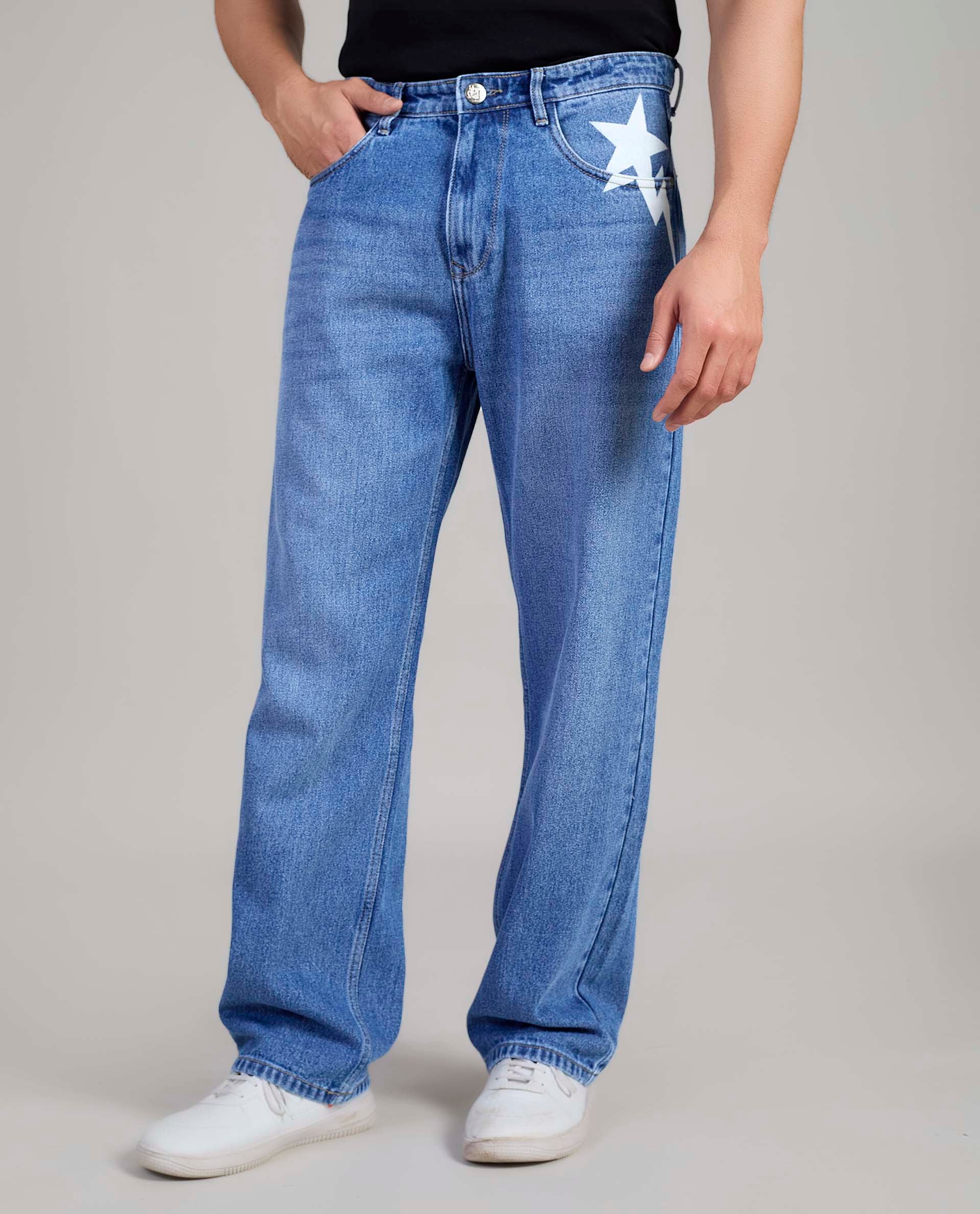 FS 111 Flying Shark Loose Fit Jeans with Star Print & Lightning Detail