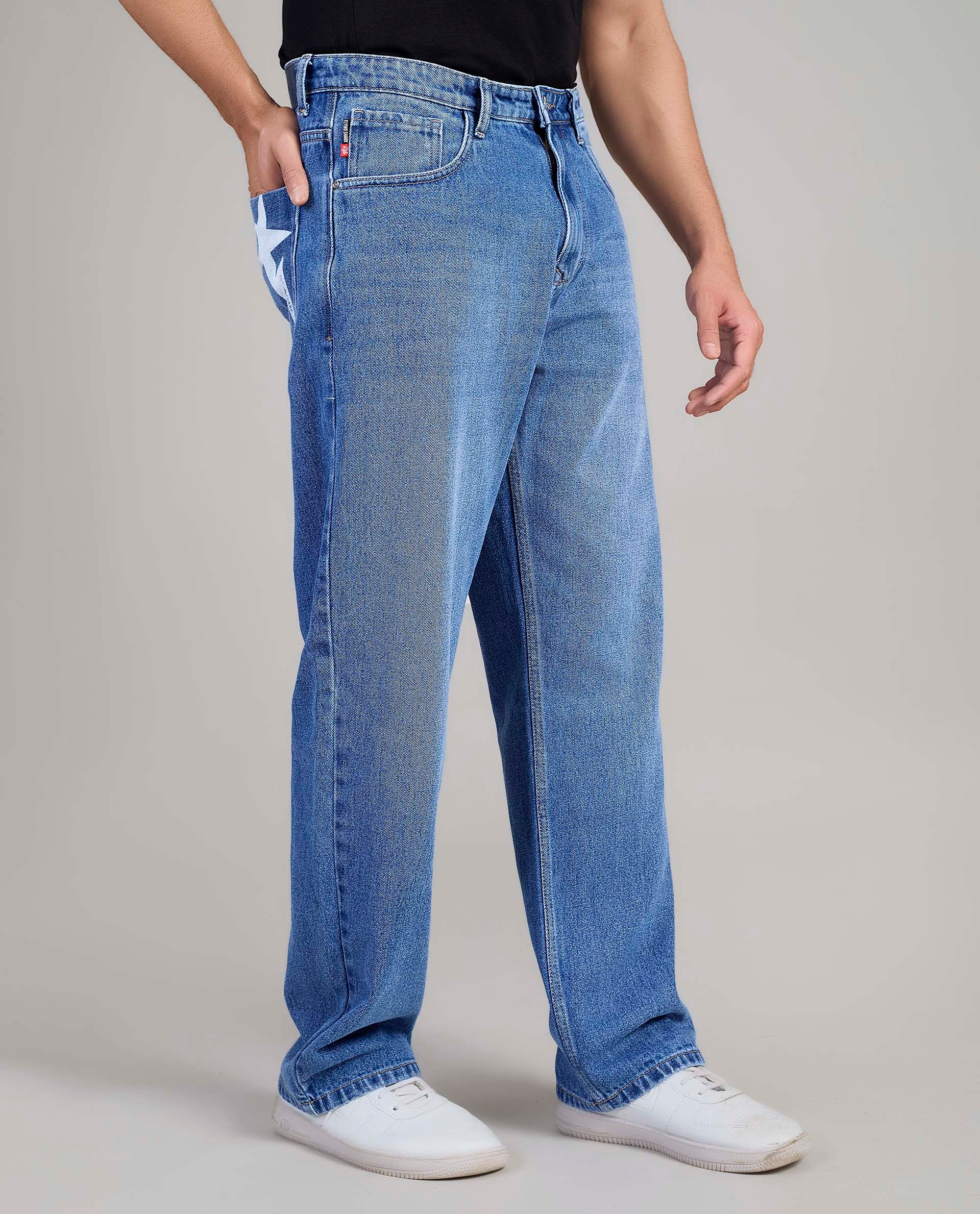 FS 111 Flying Shark Loose Fit Jeans with Star Print & Lightning Detail