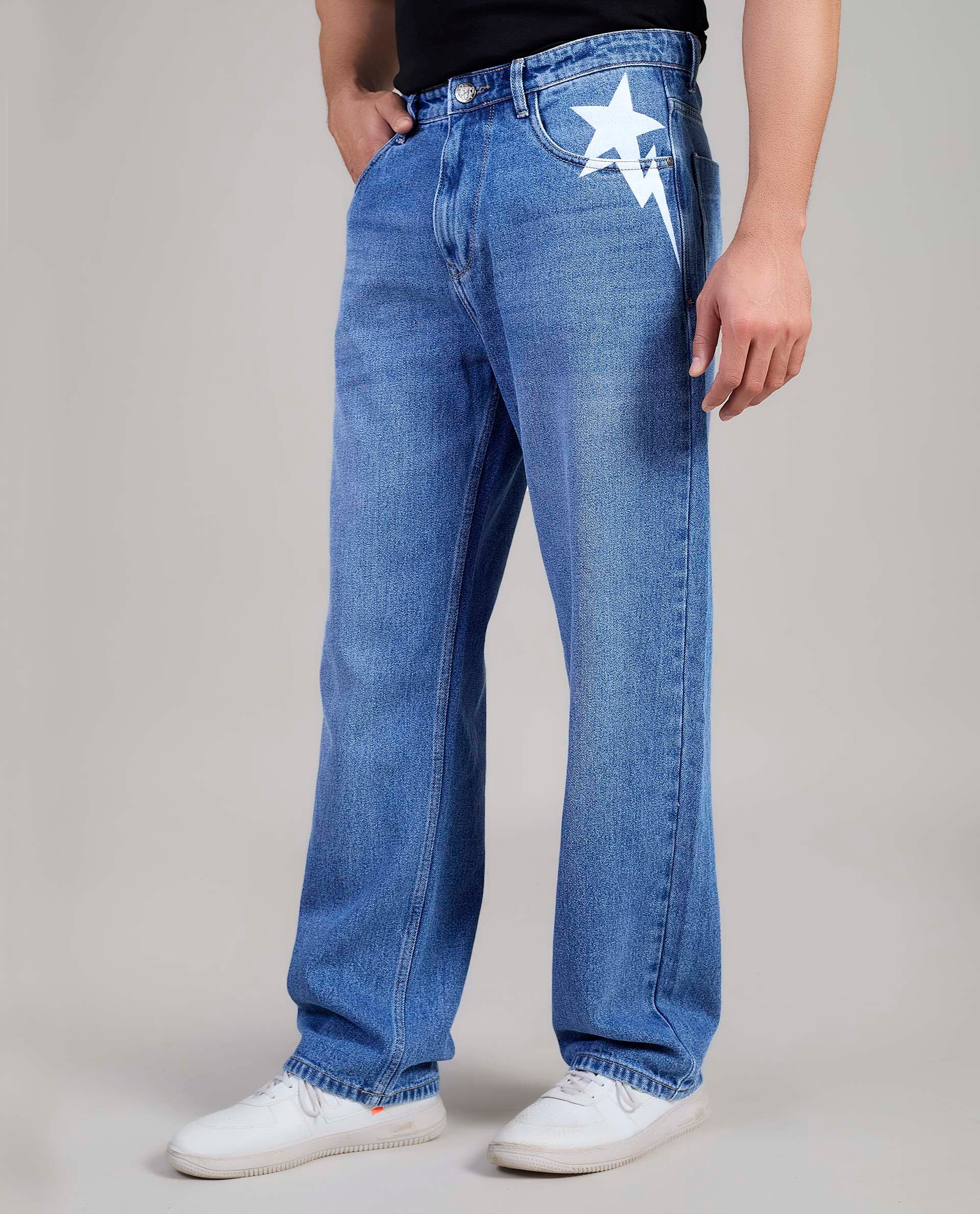 FS 111 Flying Shark Loose Fit Jeans with Star Print & Lightning Detail