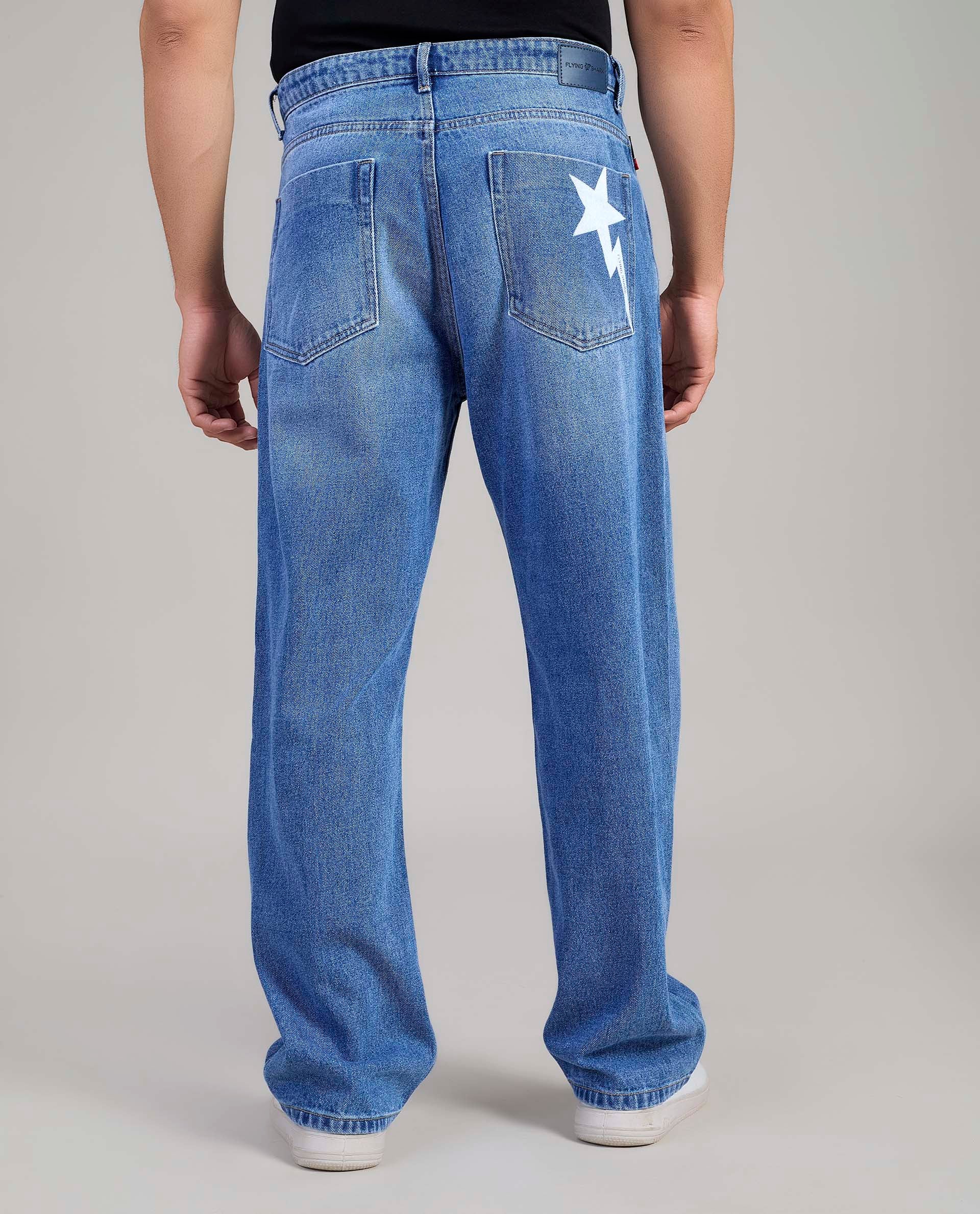FS 111 Flying Shark Loose Fit Jeans with Star Print & Lightning Detail
