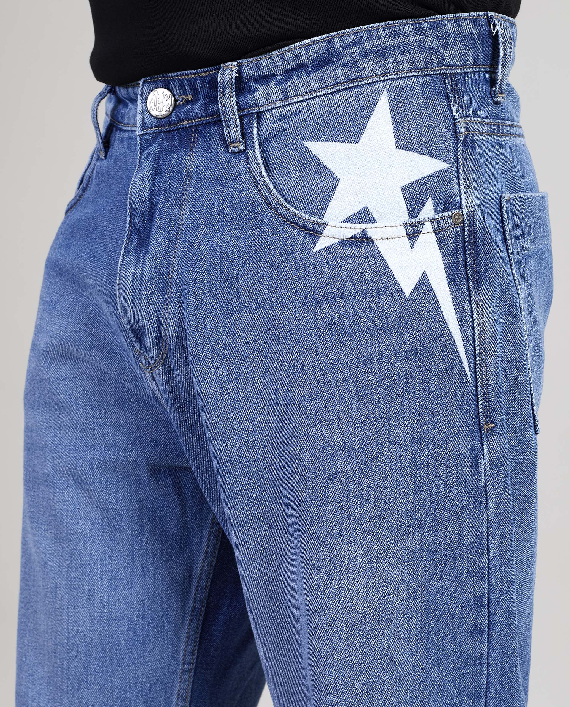 FS 111 Flying Shark Loose Fit Jeans with Star Print & Lightning Detail