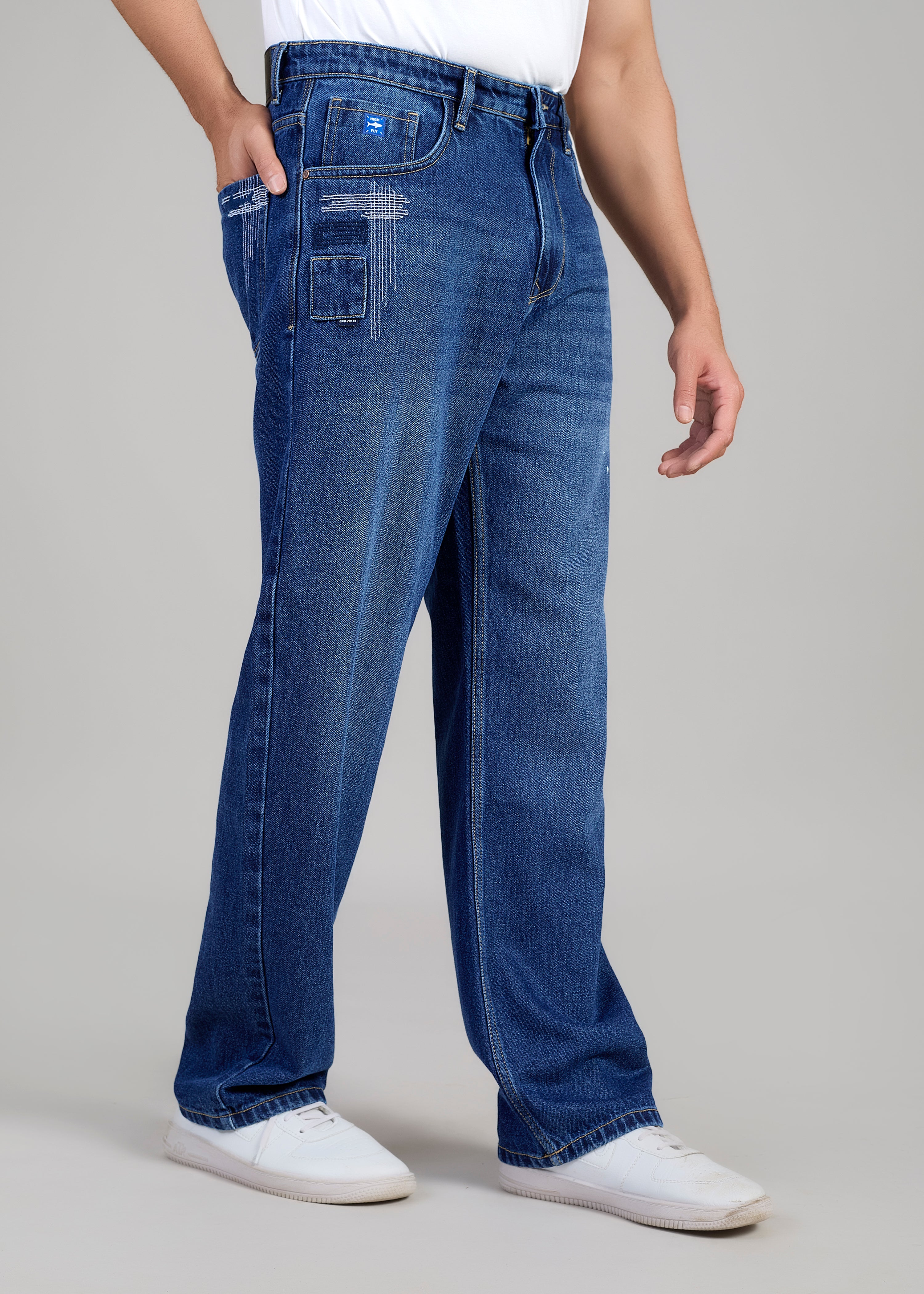 Flying Shark Loose Fit Jeans with Embroidery & Patchwork Detail