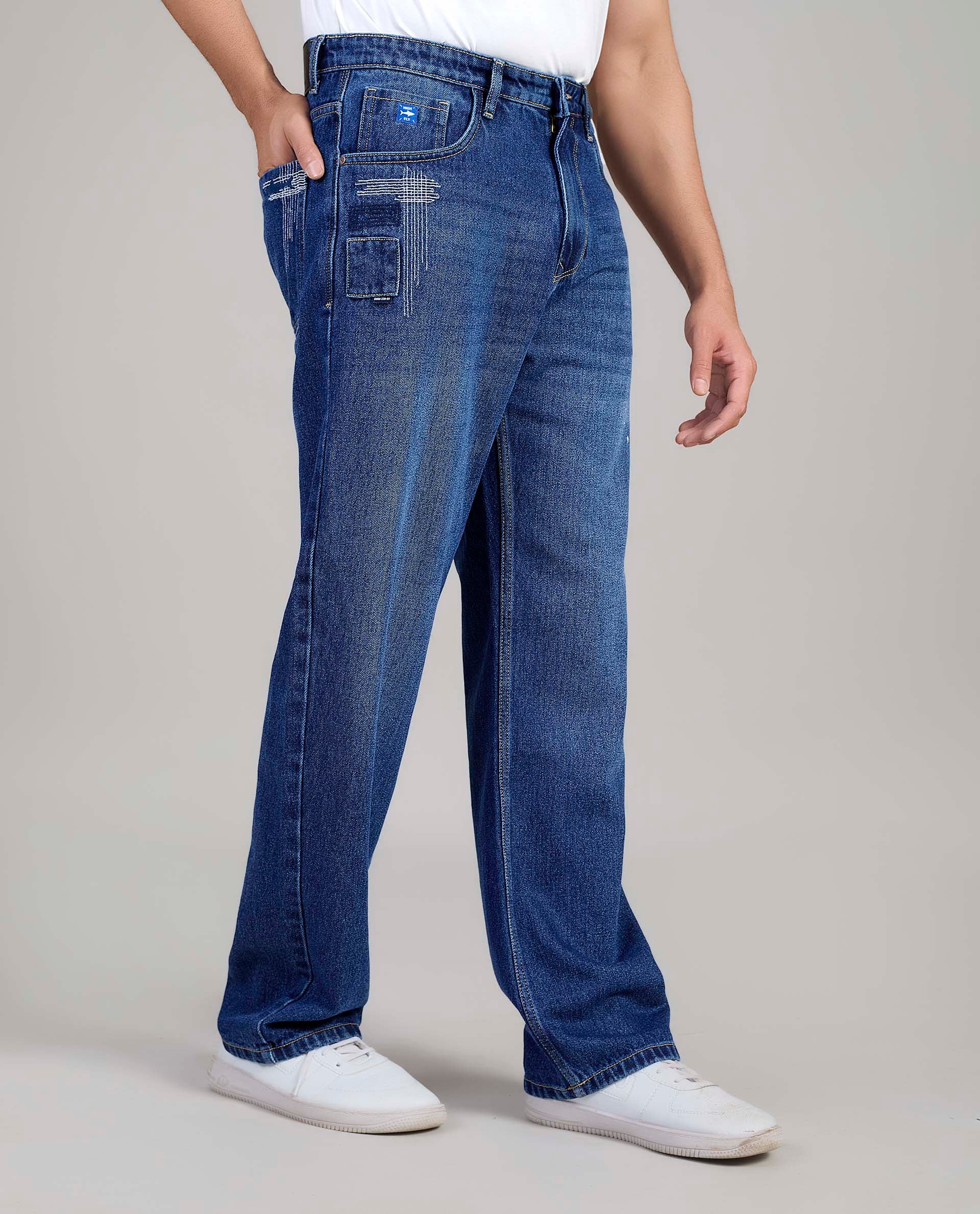 FS 109 Flying Shark Loose Fit Jeans with Embroidery & Patchwork Detail