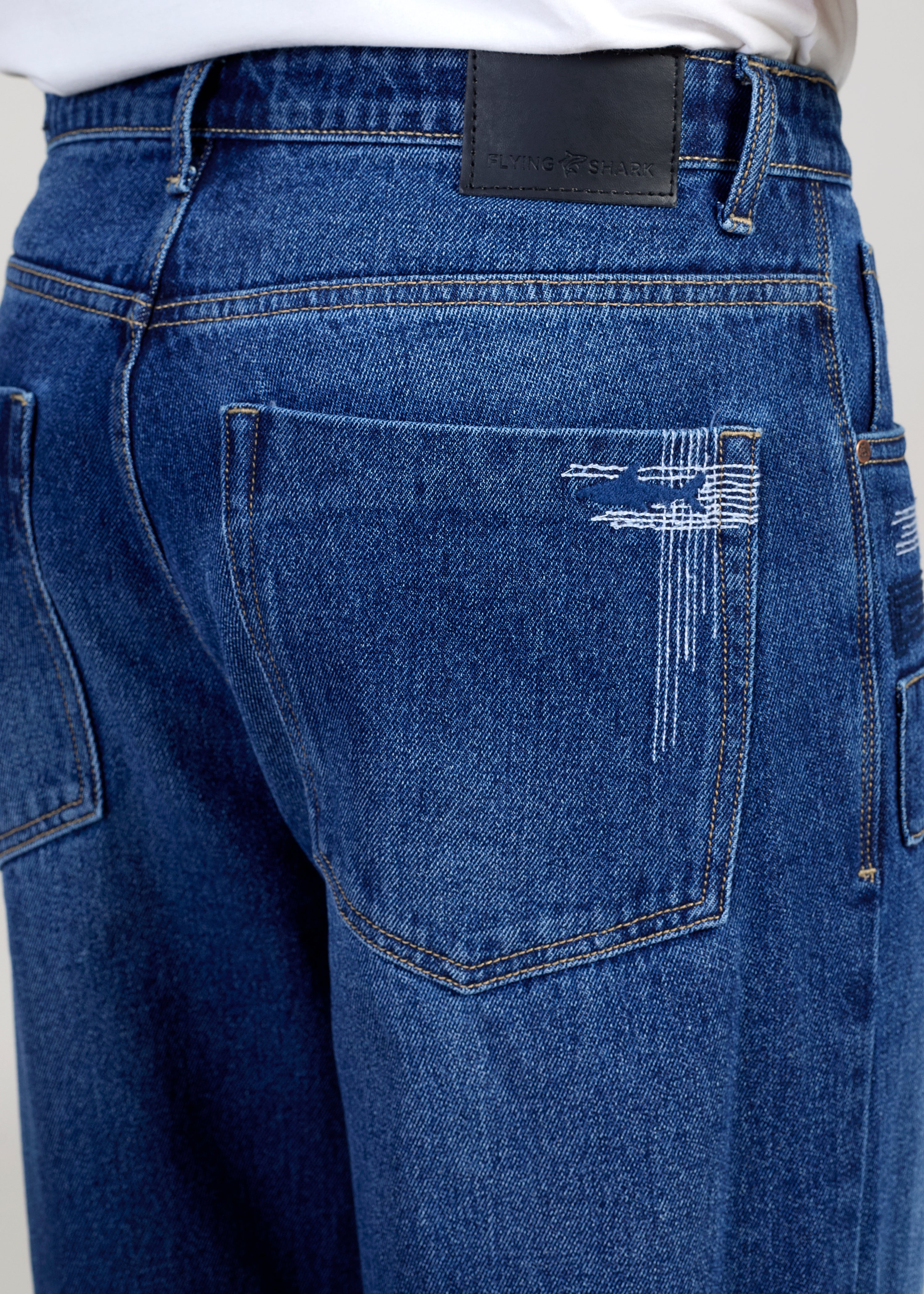 Flying Shark Loose Fit Jeans with Embroidery & Patchwork Detail