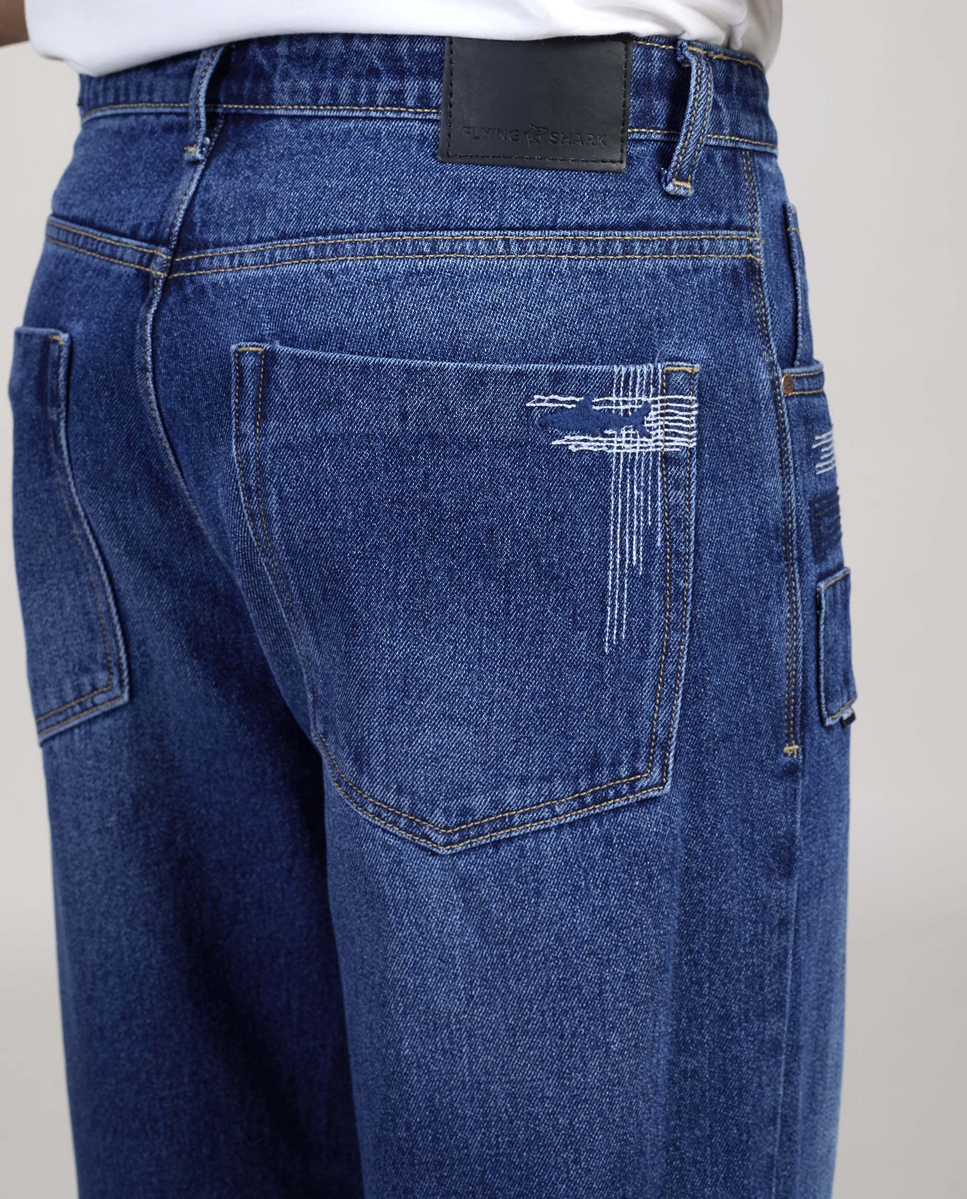FS 109 Flying Shark Loose Fit Jeans with Embroidery & Patchwork Detail