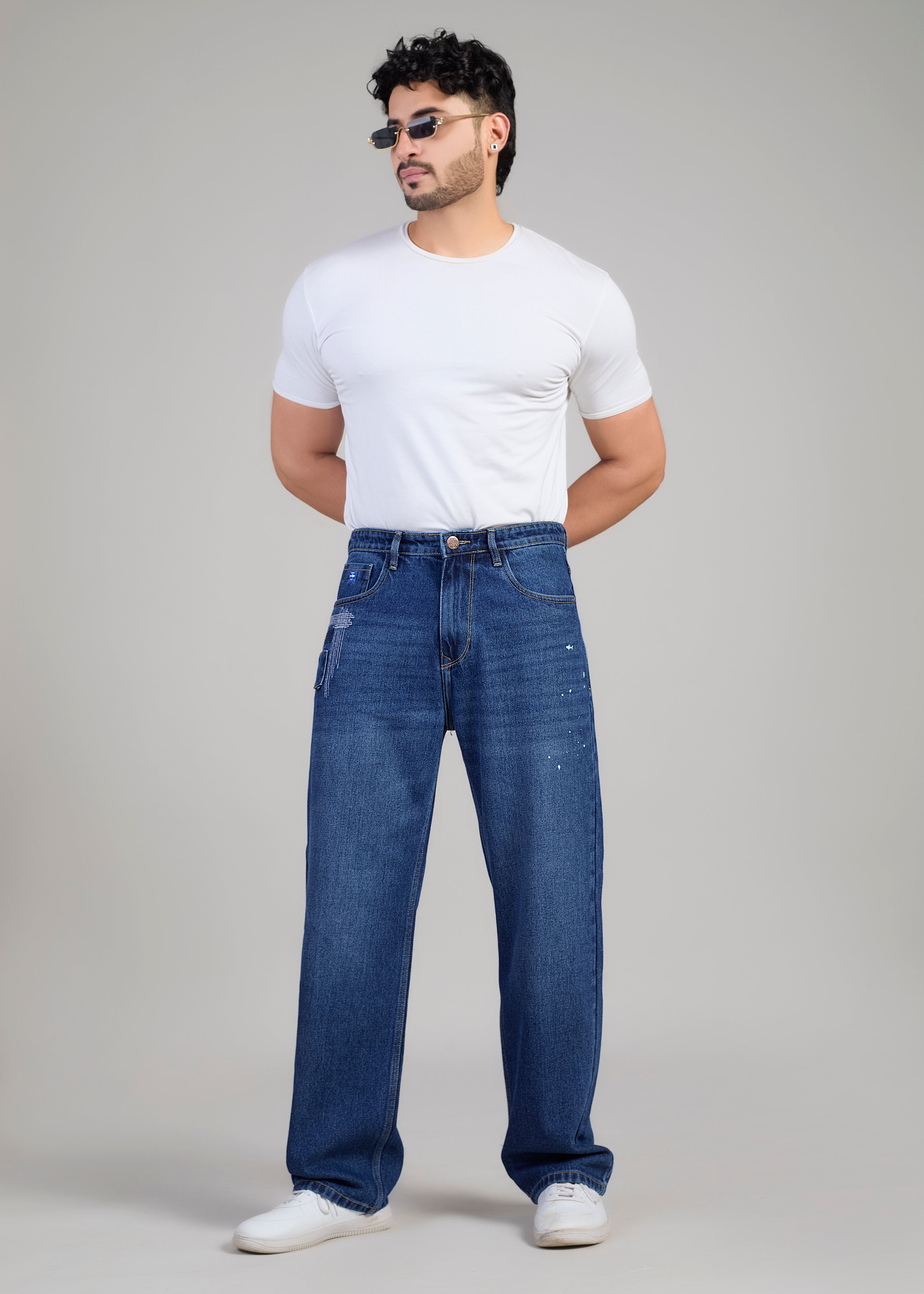 Flying Shark Loose Fit Jeans with Embroidery & Patchwork Detail