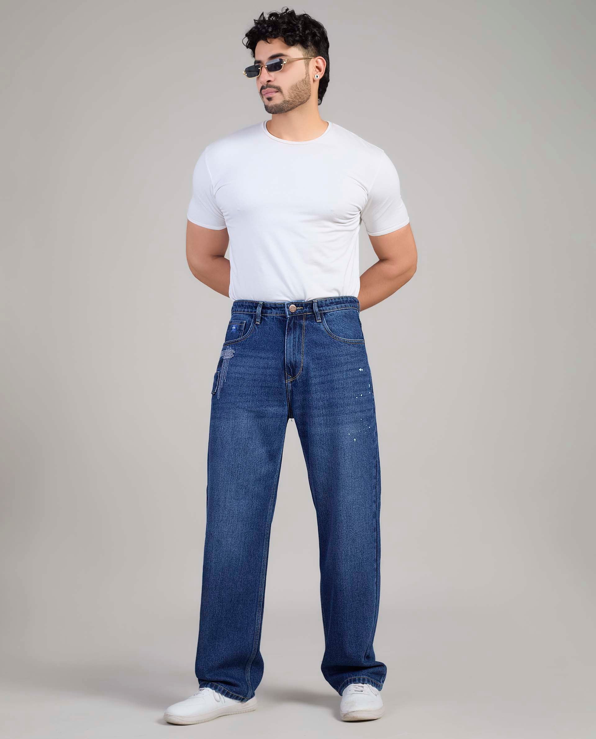 FS 109 Flying Shark Loose Fit Jeans with Embroidery & Patchwork Detail