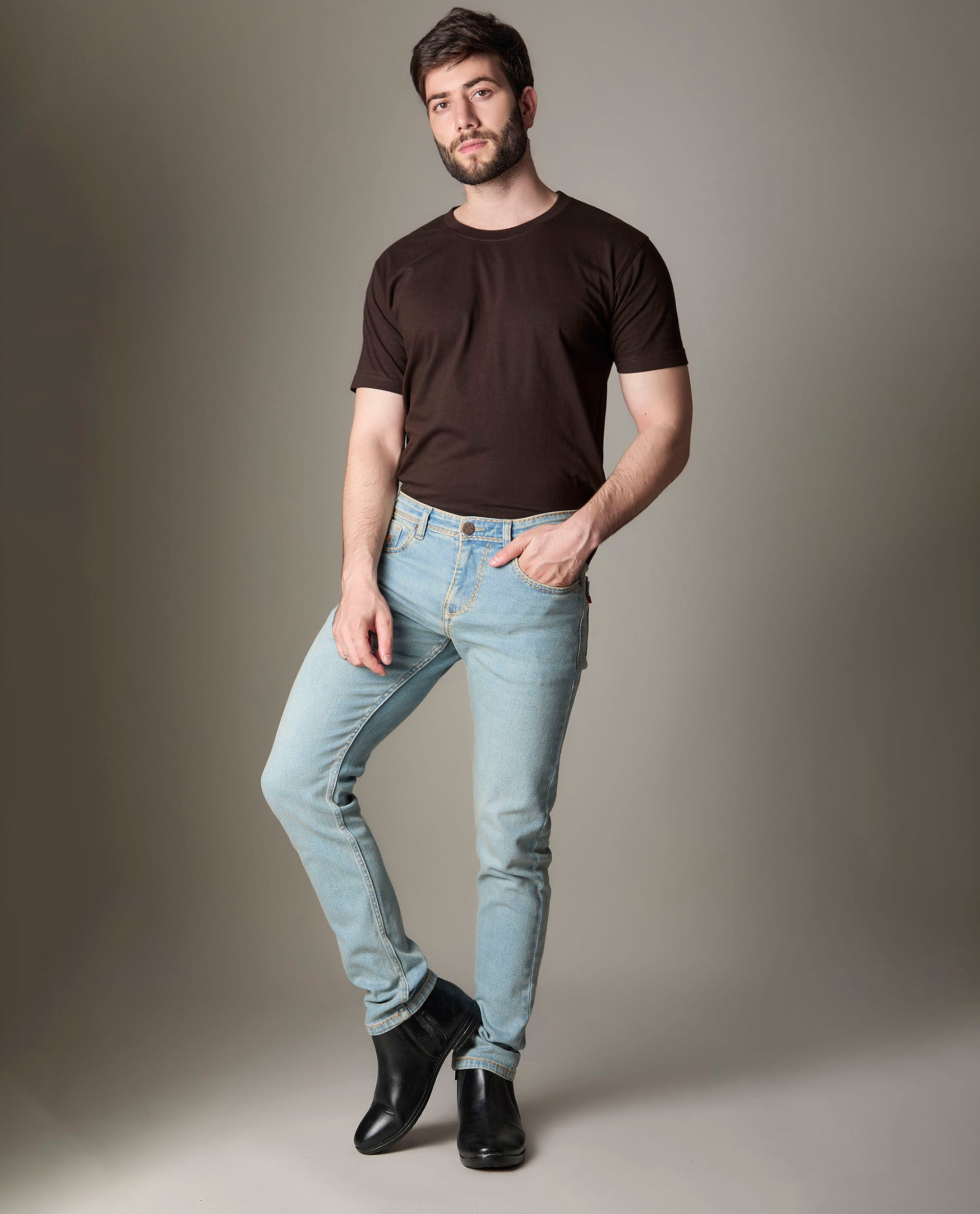 Light Blue Wash Denim With Golden-Brown Contrast Stitch