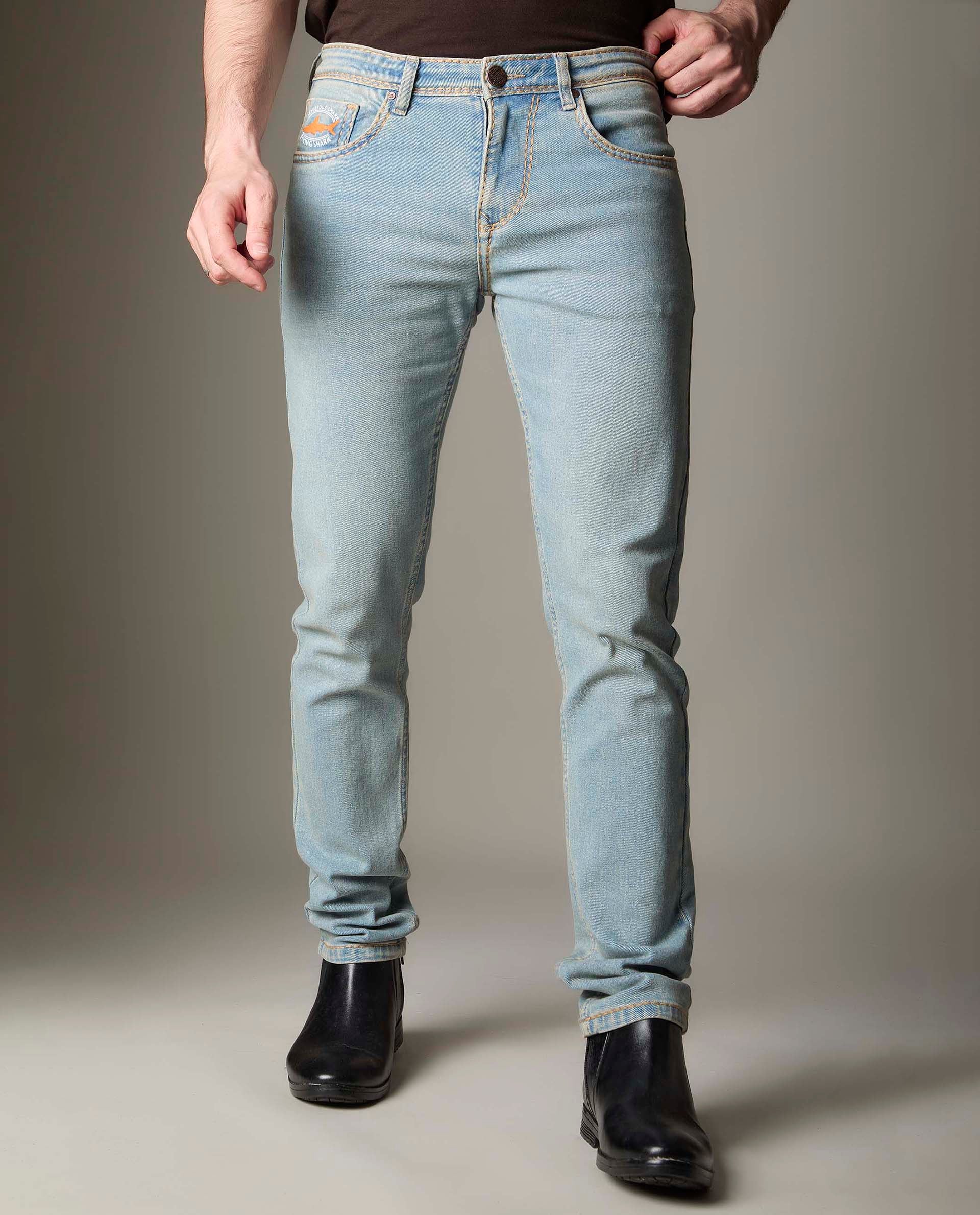 Light Blue Wash Denim With Golden-Brown Contrast Stitch