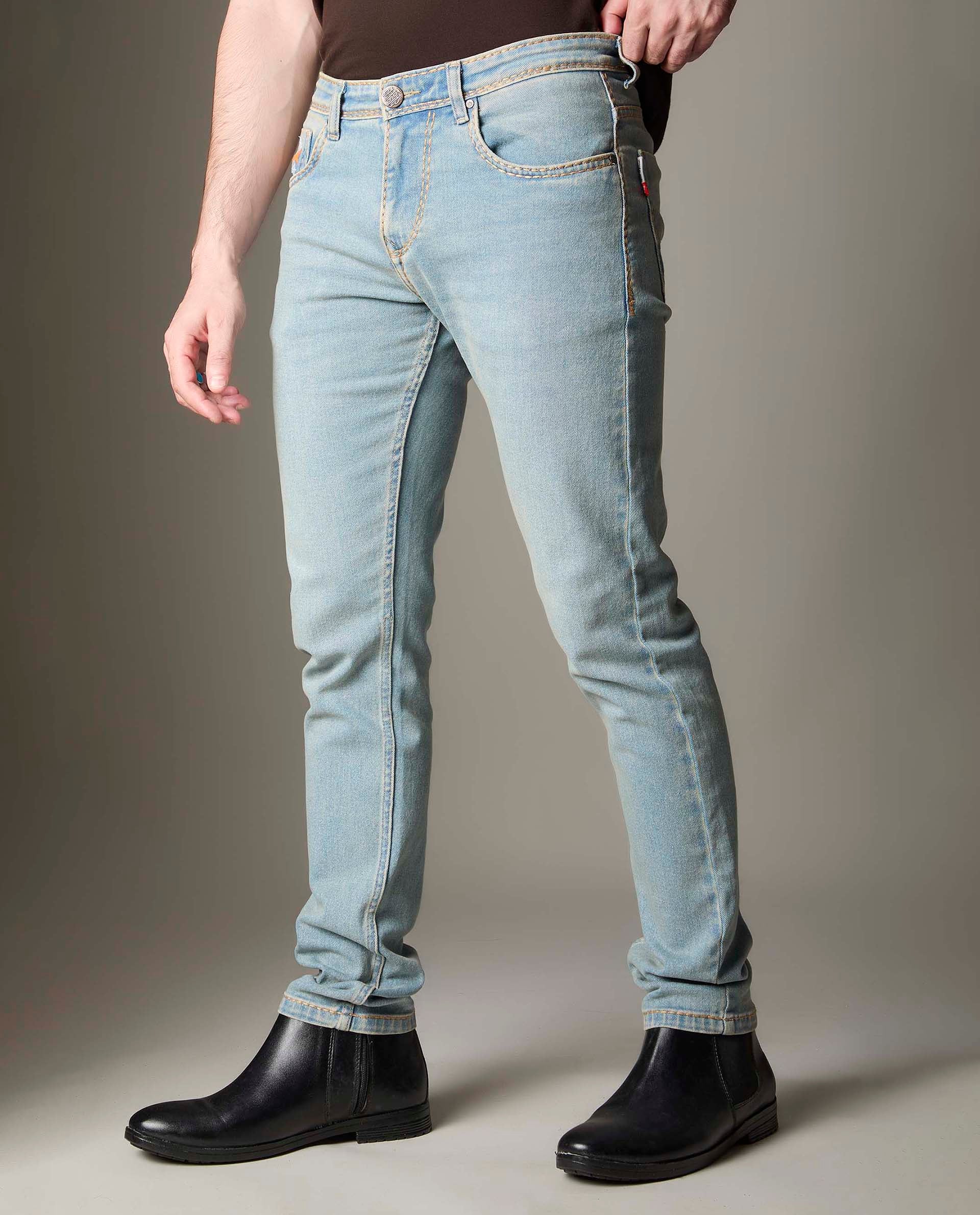 Light Blue Wash Denim With Golden-Brown Contrast Stitch