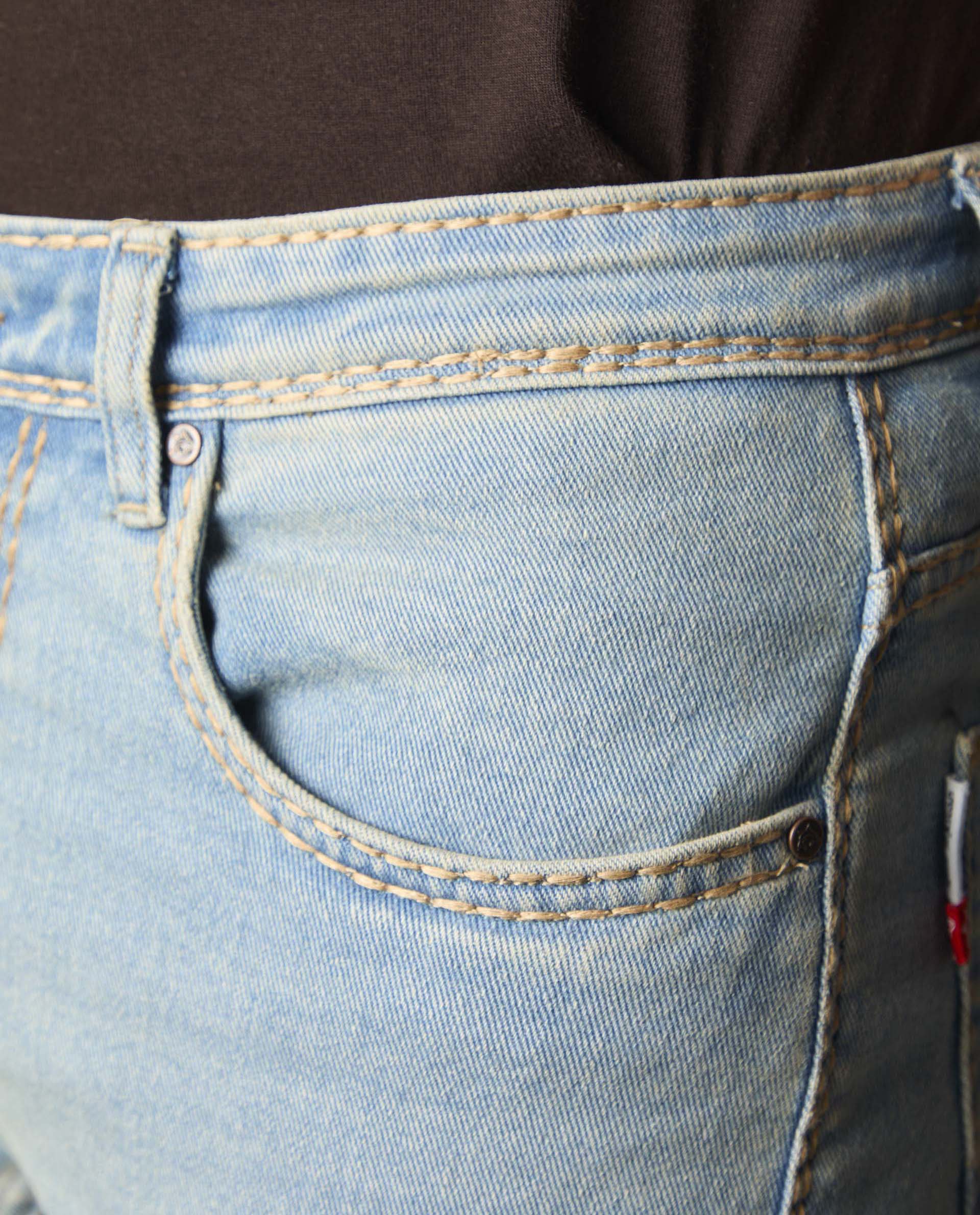 Light Blue Wash Denim With Golden-Brown Contrast Stitch