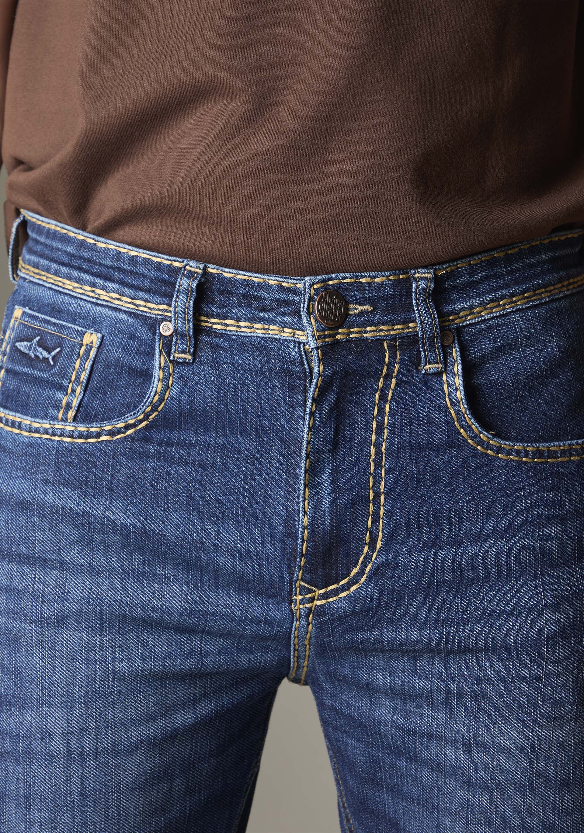 FS132 Mid-Blue Wash Denim With Heavy Contrast Stitch
