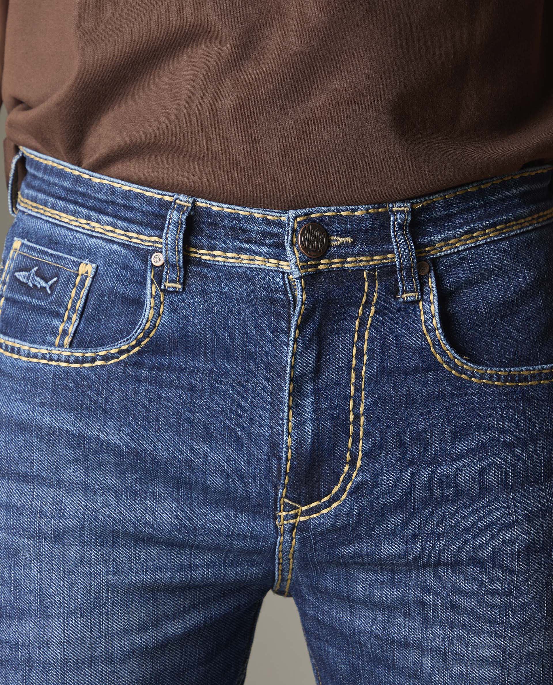 Mid-Blue Wash Denim With Heavy Contrast Stitch