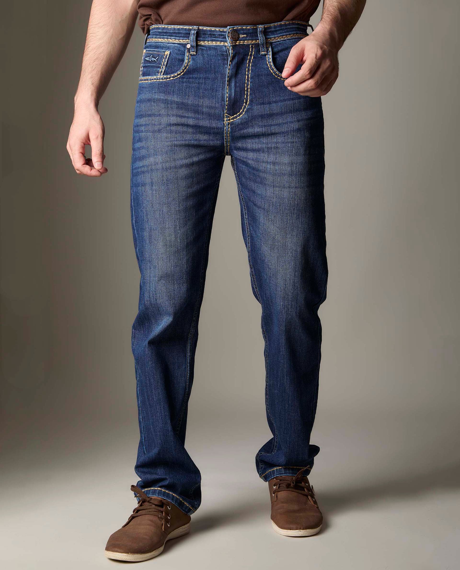 Mid-Blue Wash Denim With Heavy Contrast Stitch