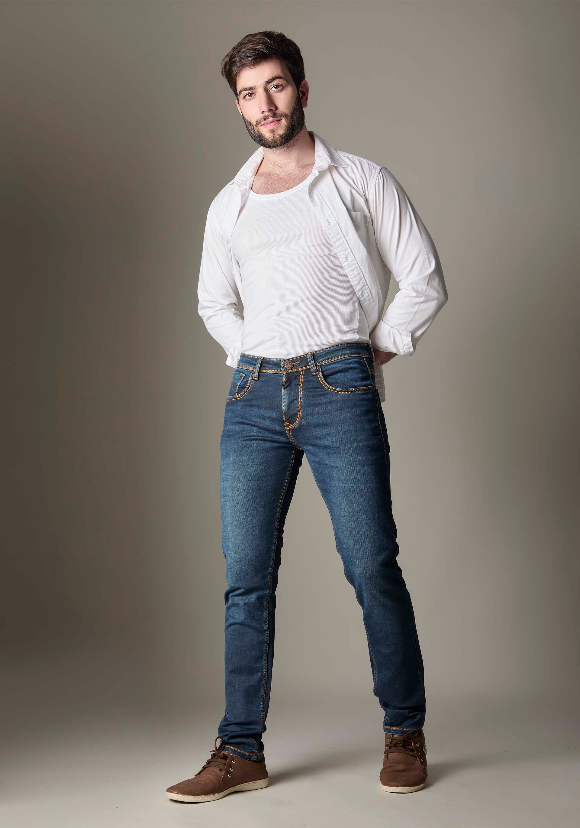 FS134 Medium-Dark Indigo With Heavy Golden Stitching