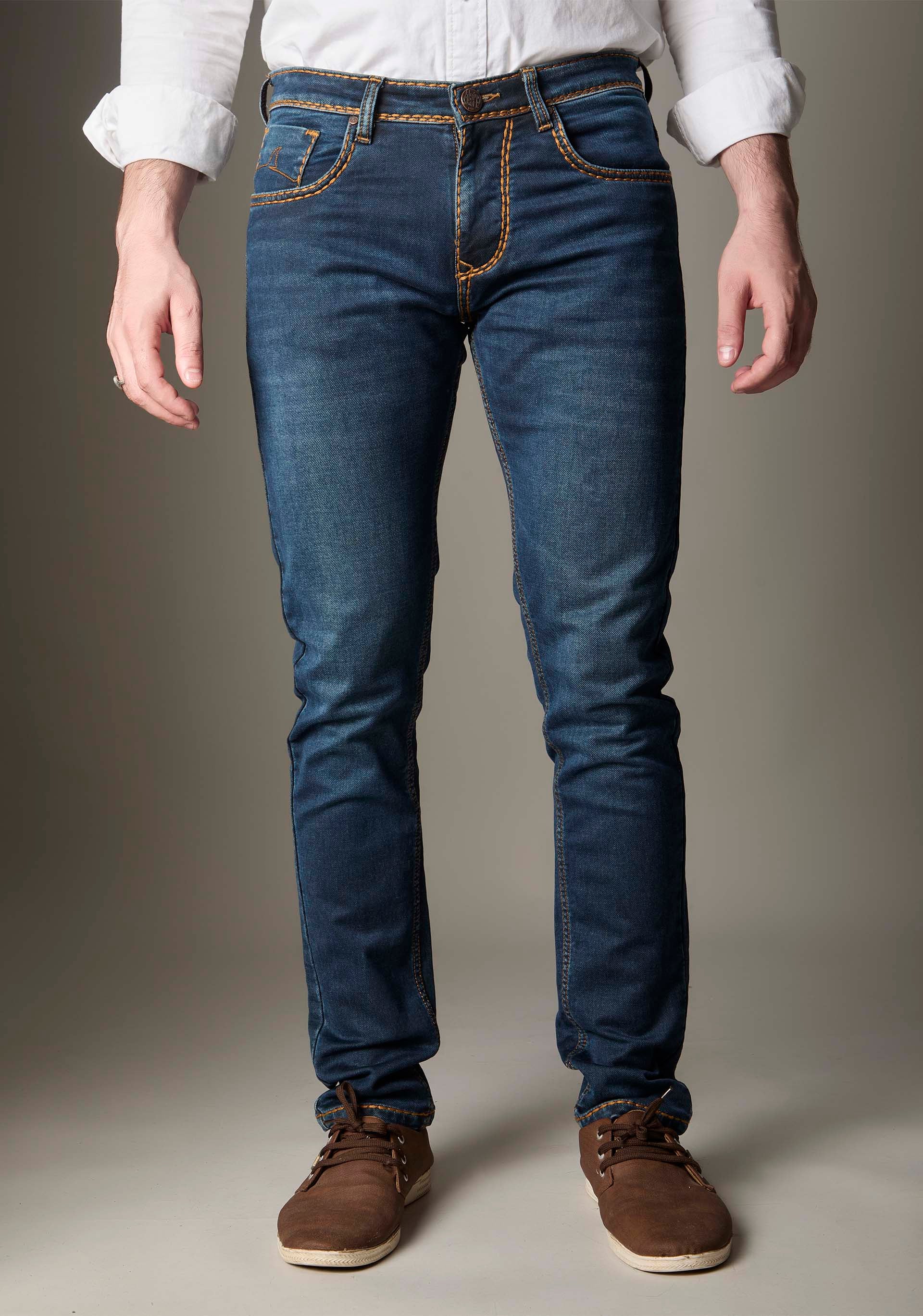 FS134 Medium-Dark Indigo With Heavy Golden Stitching