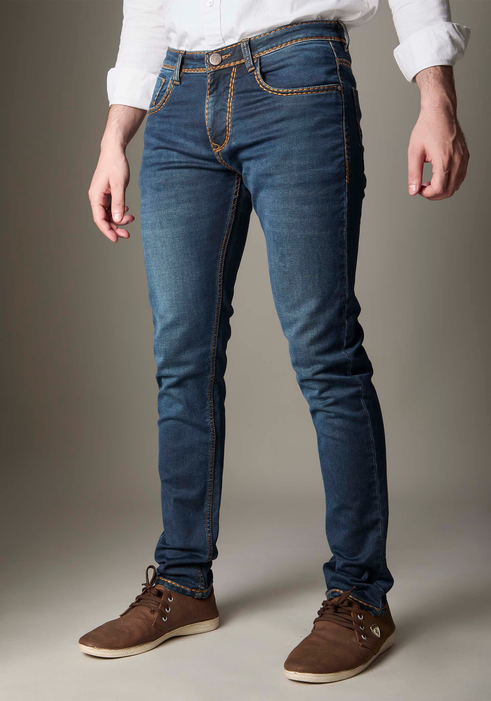 FS134 Medium-Dark Indigo With Heavy Golden Stitching