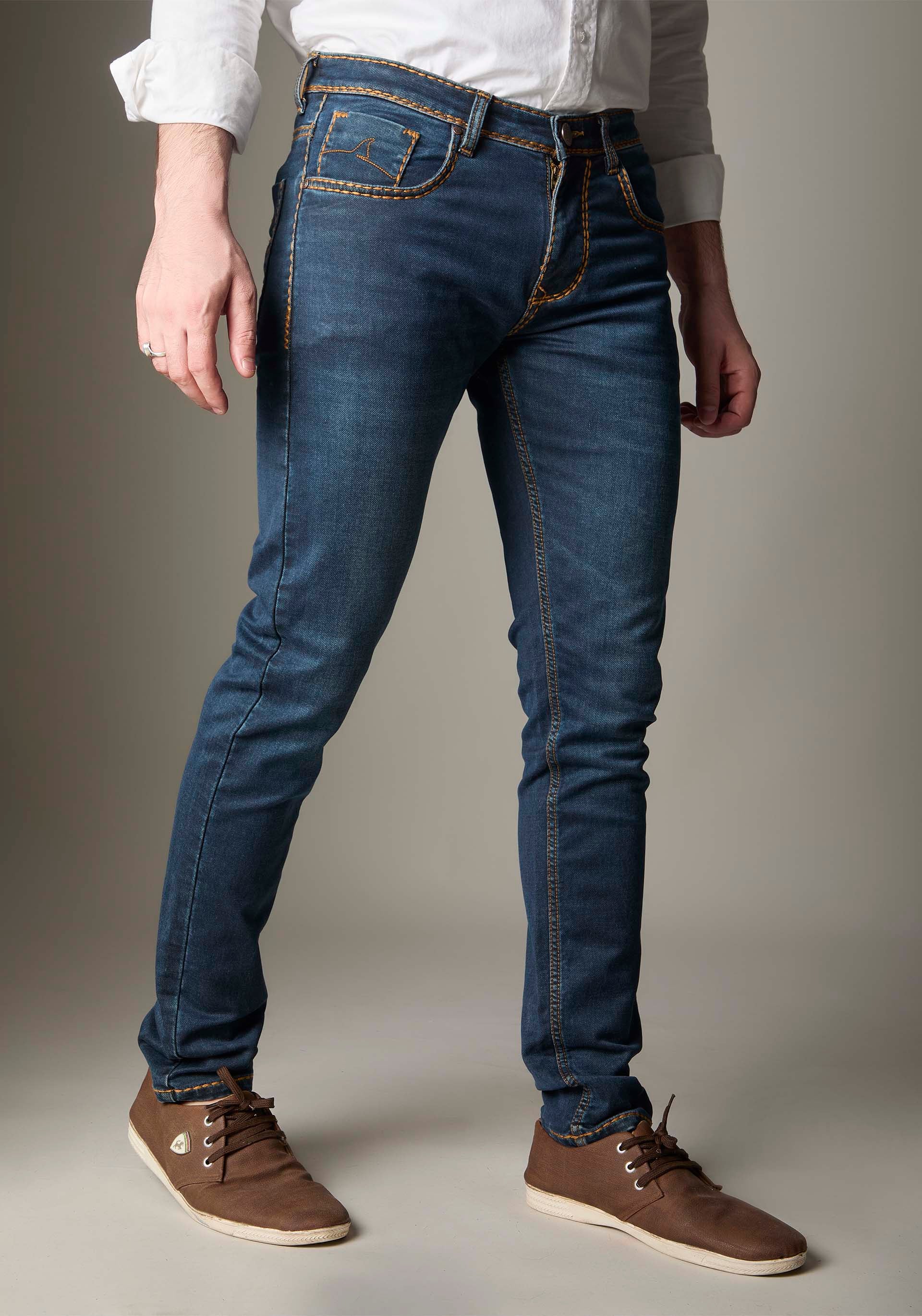 FS134 Medium-Dark Indigo With Heavy Golden Stitching