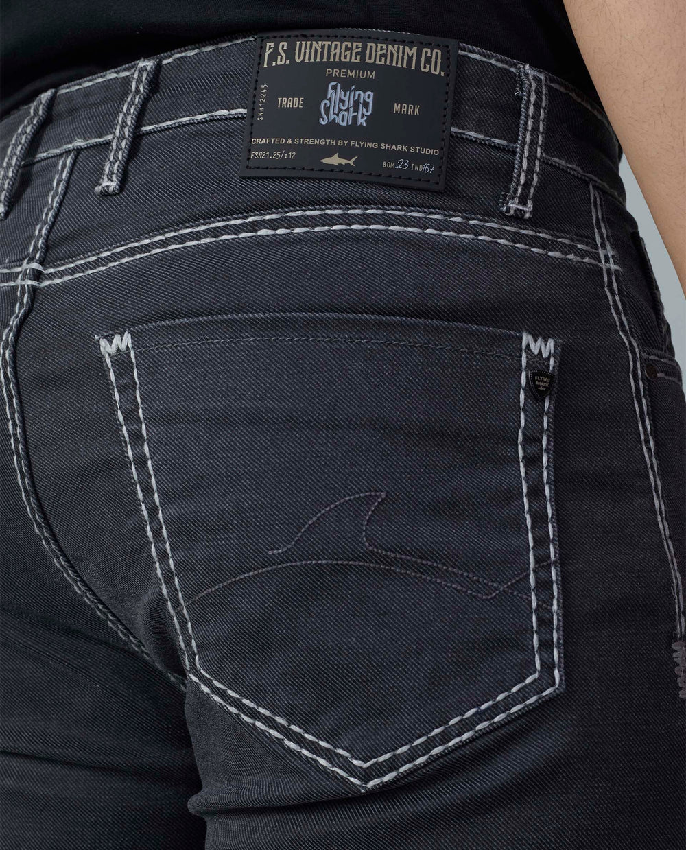 Men’s Saddle Stitch Straight Fit Jeans - Gunmetal Grey Flying Shark