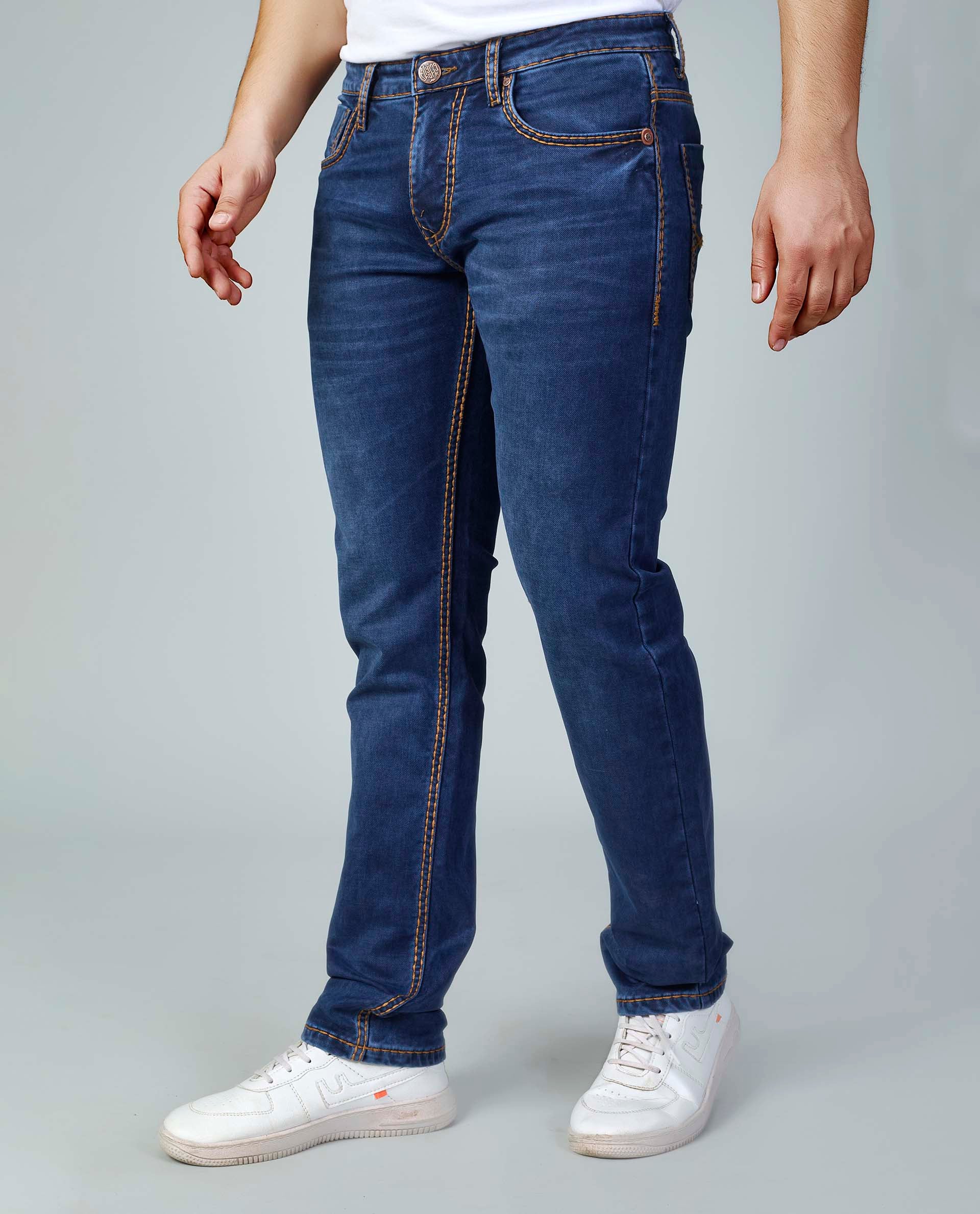 Premium Blue Denim Jeans Contrast Golden Stitching