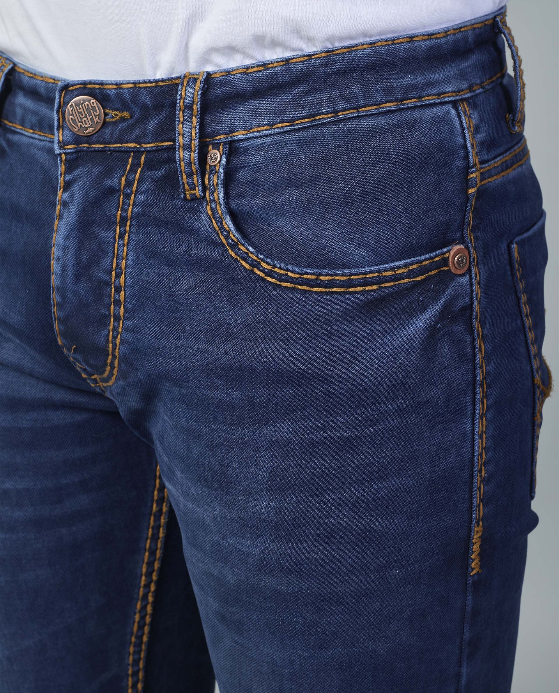 Premium Blue Denim Jeans Contrast Golden Stitching