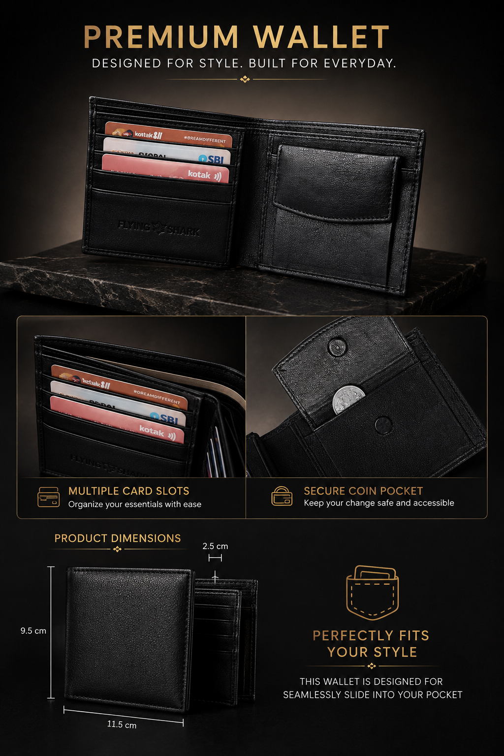Plain matte Jet Black Leather Wallet Flying Shark