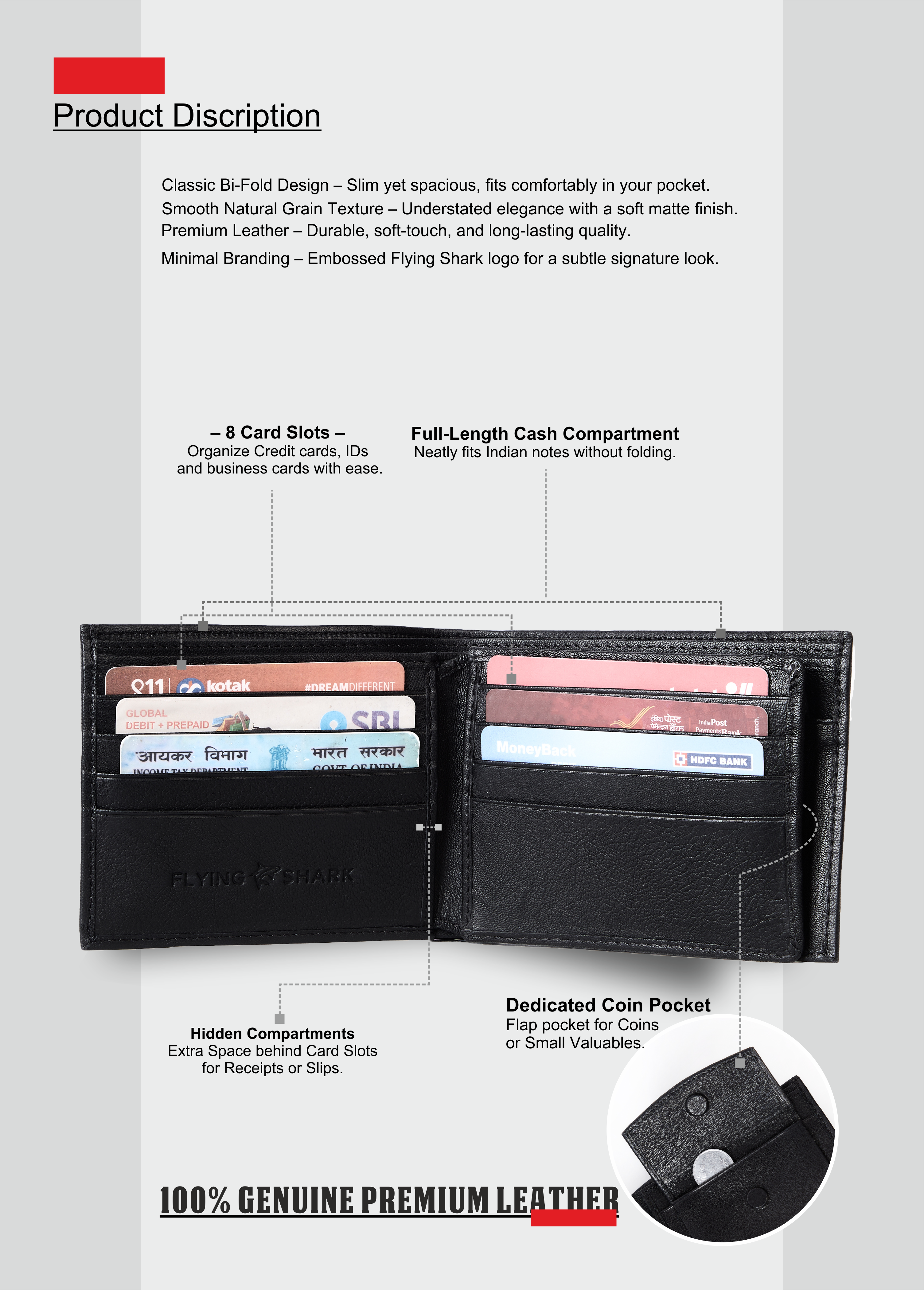 Flying Shark Plain matte Jet Black Leather Wallet – Elegance Meets Functionality