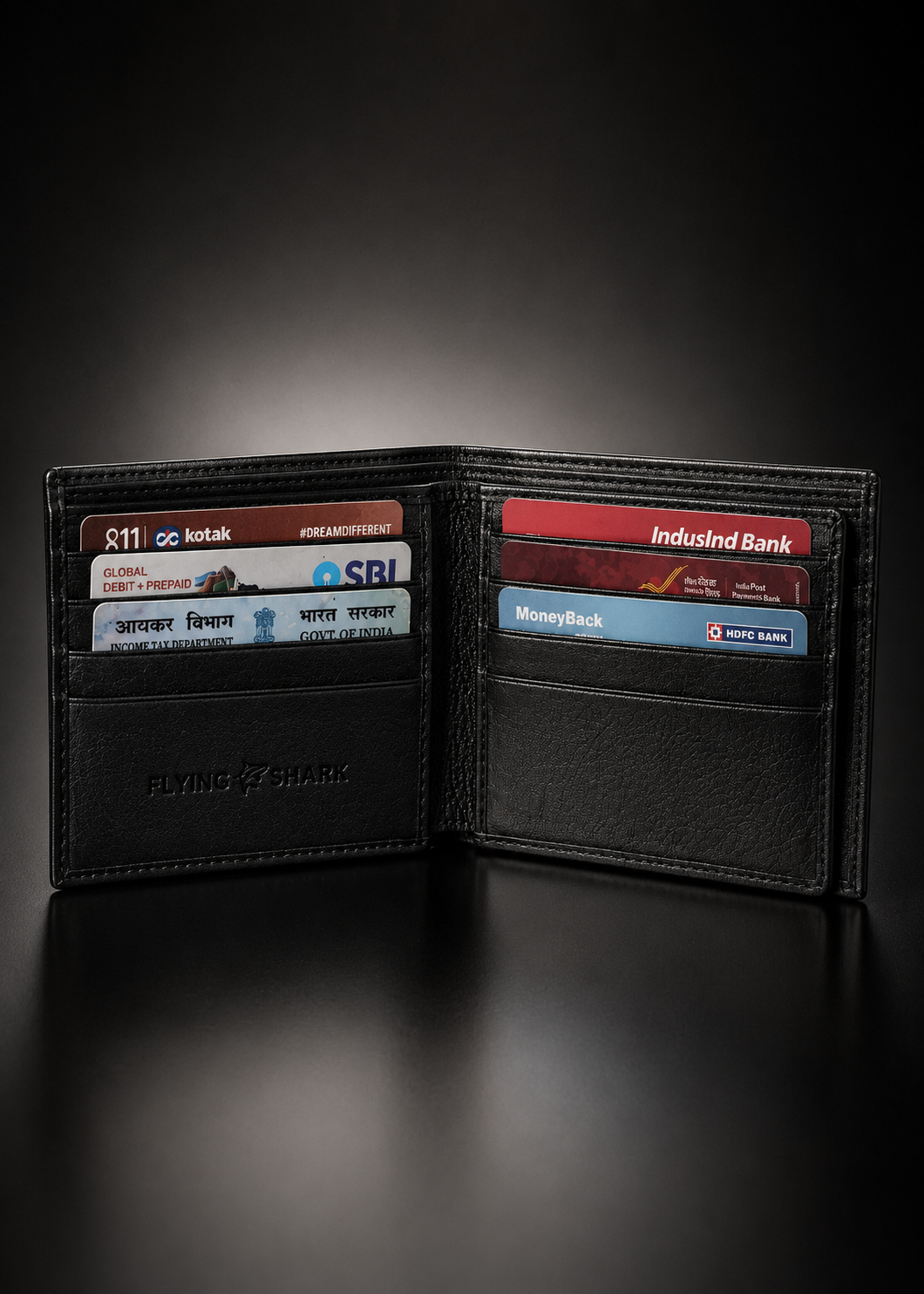 Plain matte Jet Black Leather Wallet Flying Shark