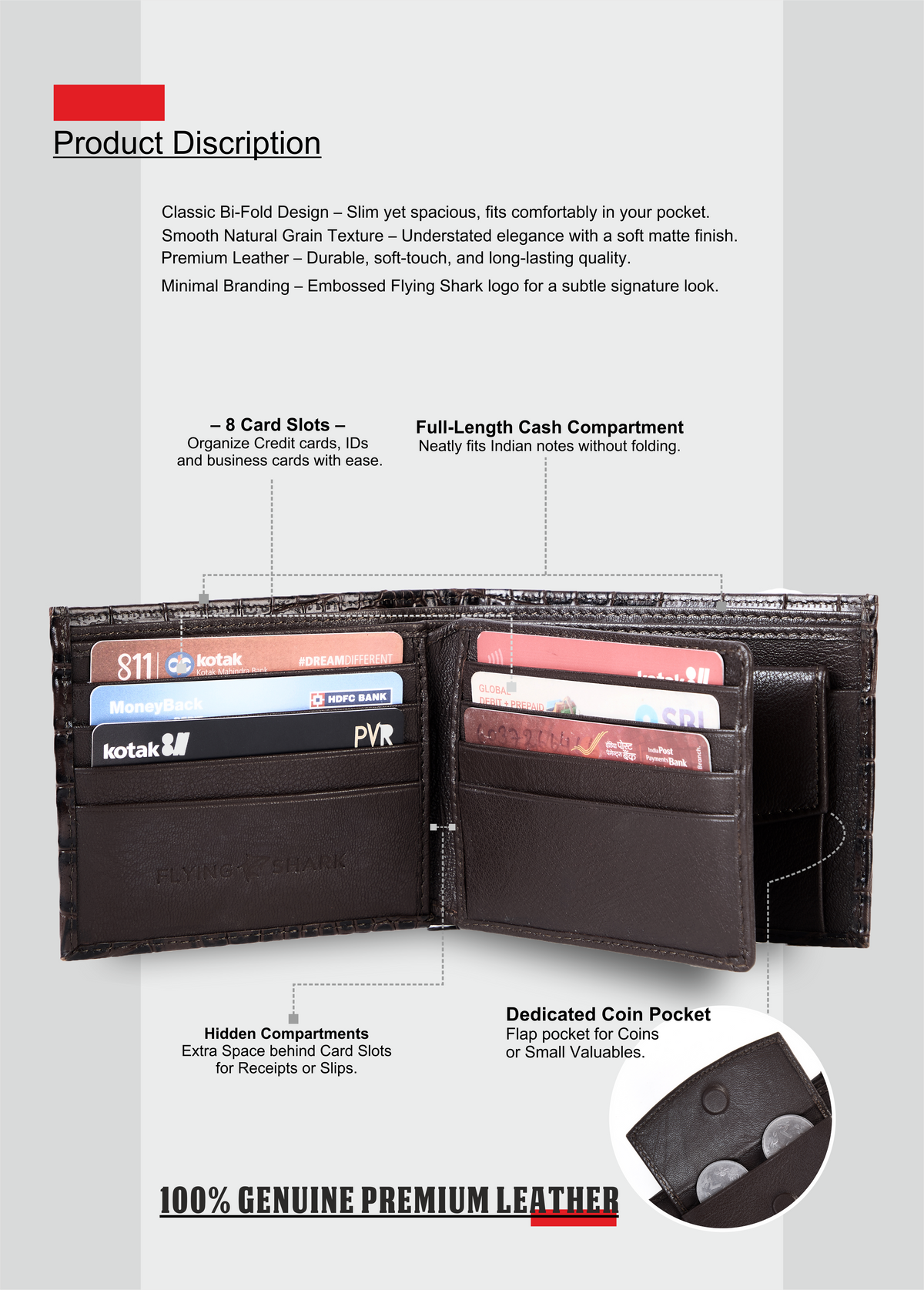 Brown Crocodile Leather Wallet Flying Shark