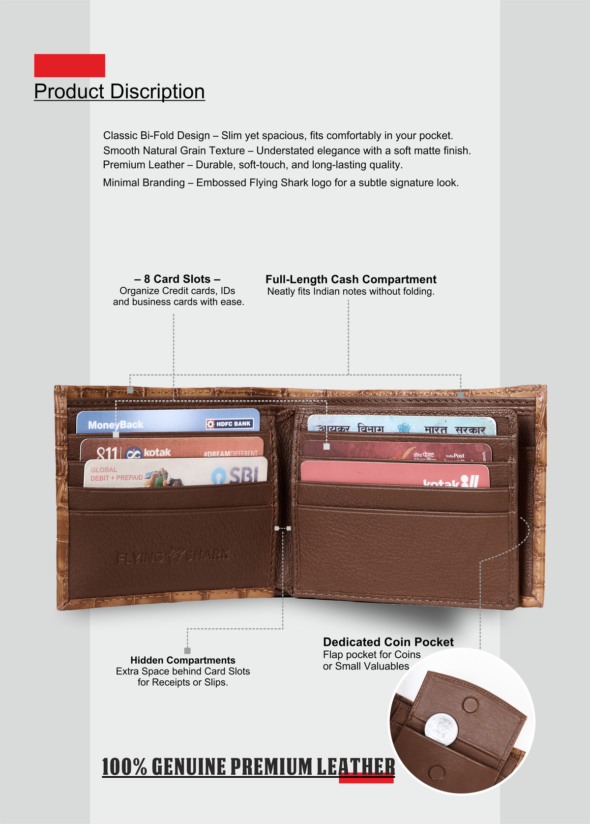 Tan Crocodile Leather Wallet Flying Shark