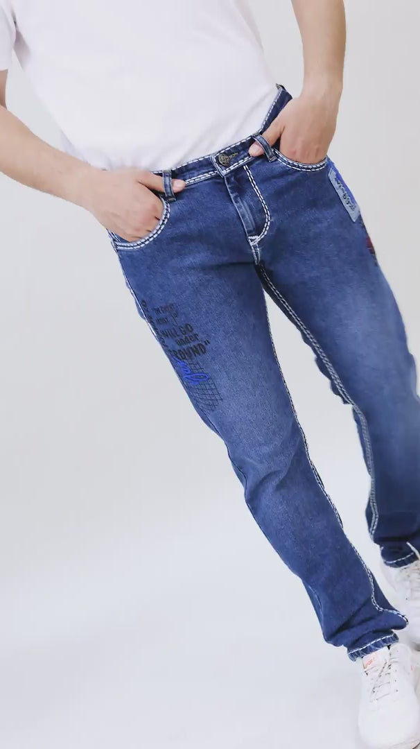 Men’s Mid-Blue Graphic Stitch Denim