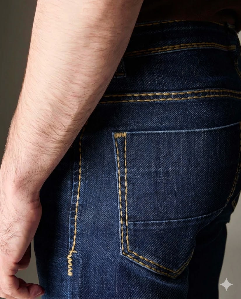 Mid-Blue Wash Denim With Heavy Contrast Stitch